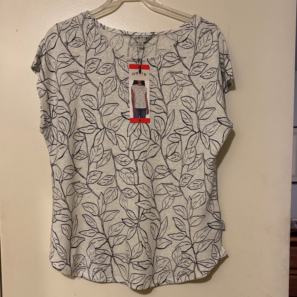Orvis Women's Short Sleeve Leaf Print Tee - Gray and Black